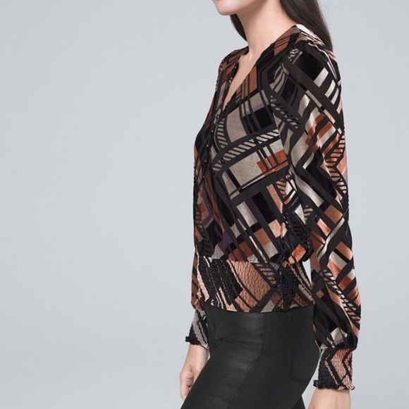 White House Black Market Geo Print Velvet Long Sleeve Blouse - Picture 2 of 8